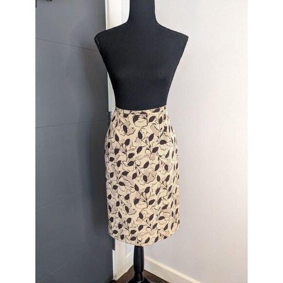 Sandra King Tan and Brown Floral and Leaf Print Silk Pencil Skirt - 8 - Picture 1 of 8